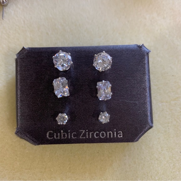 Cubic Zirconia Silver Tone Stud Earrings - Picture 2 of 5